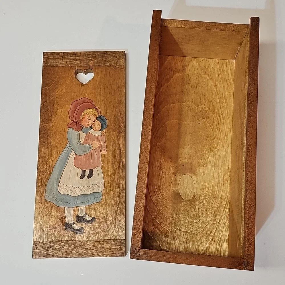 Beautiful Vintage Handpainted Prairie Girl+Doll Wooden Keepsake Box, Sliding Lid